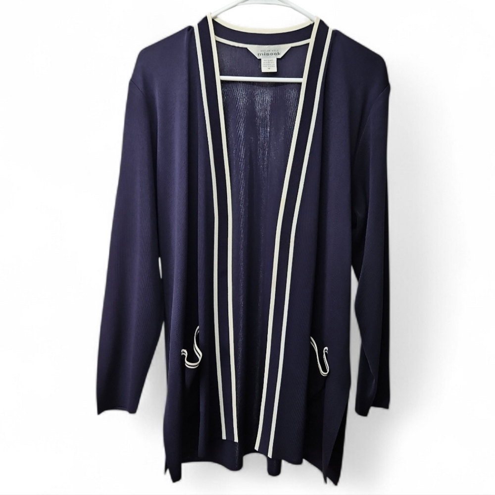 Exclusively Misook Navy Blue & White Open Front Cardigan Sz Med Womens